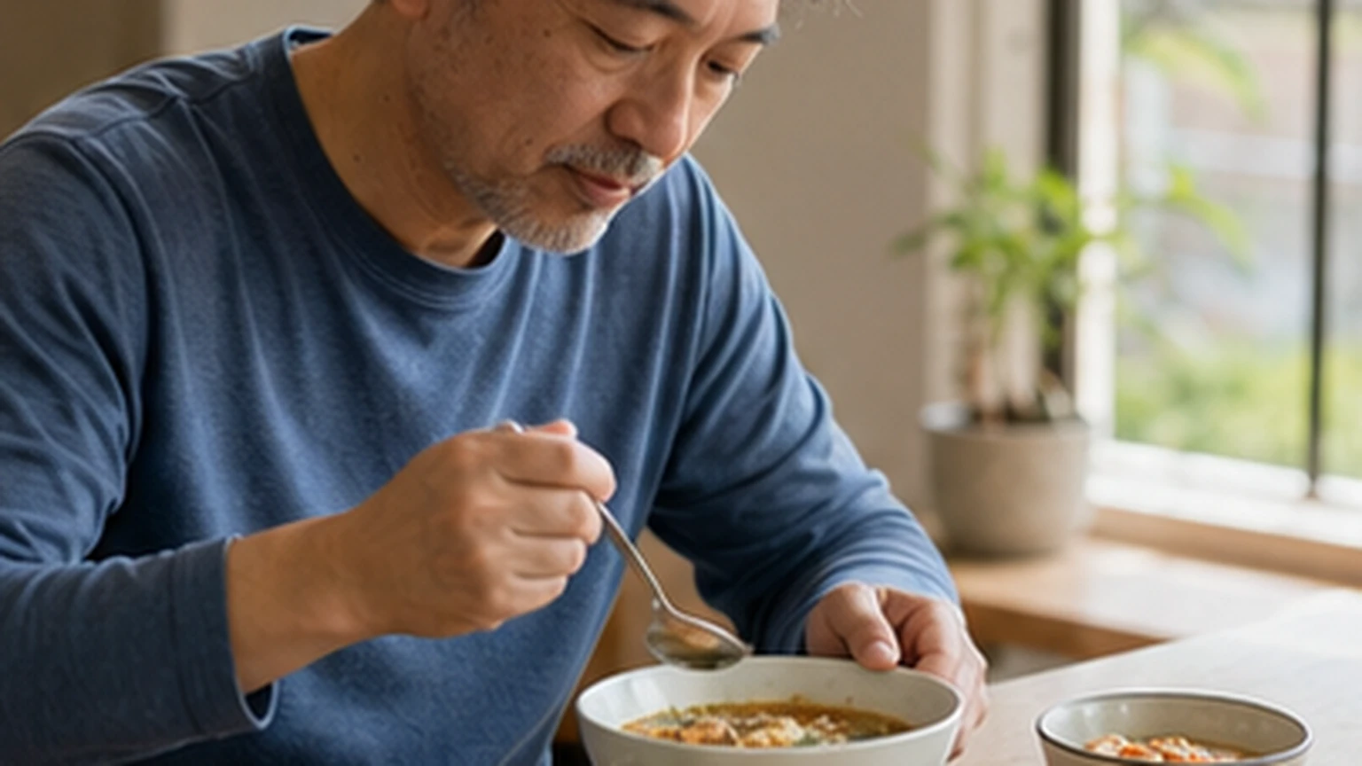 Adult eating a modest homemade meal slowly at a calm table