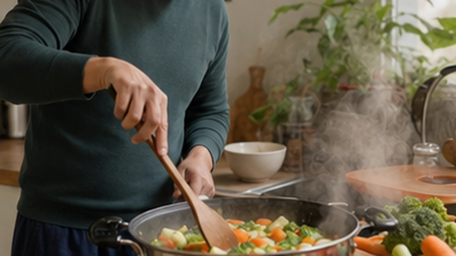 Person preparing a simple warm vegetable dish in a home kitchen