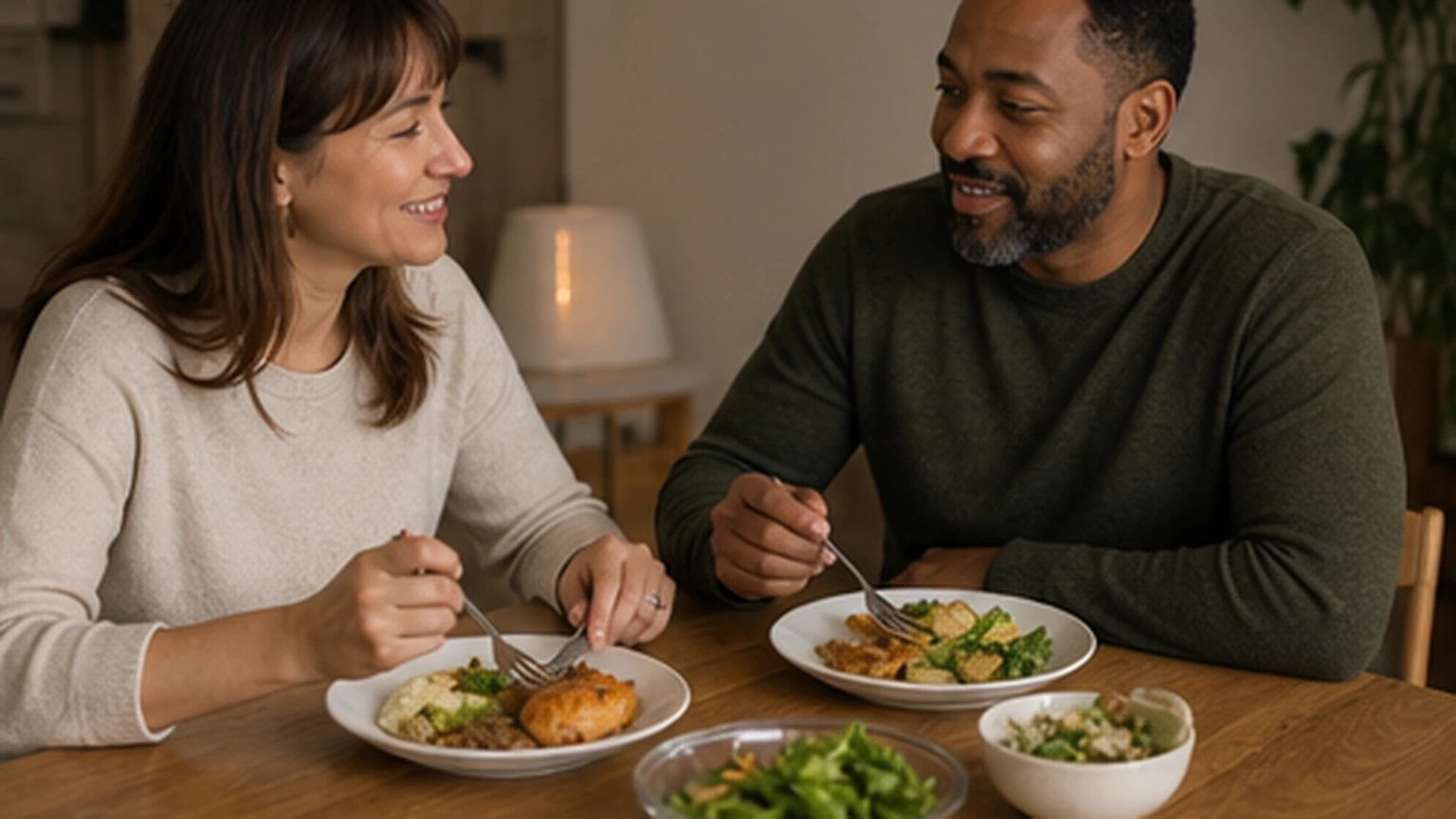 Two adults sharing a relaxed evening meal with small varied portions