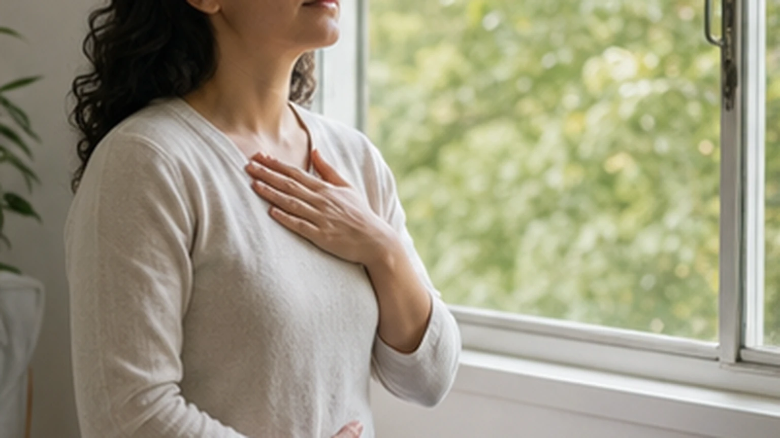 Adult practicing slow breathing beside an open window
