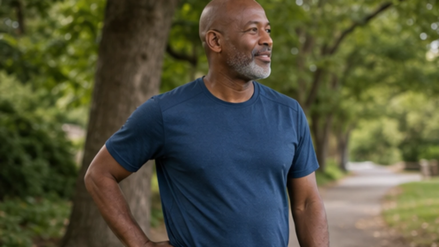 Adult pausing calmly during a walk beside trees