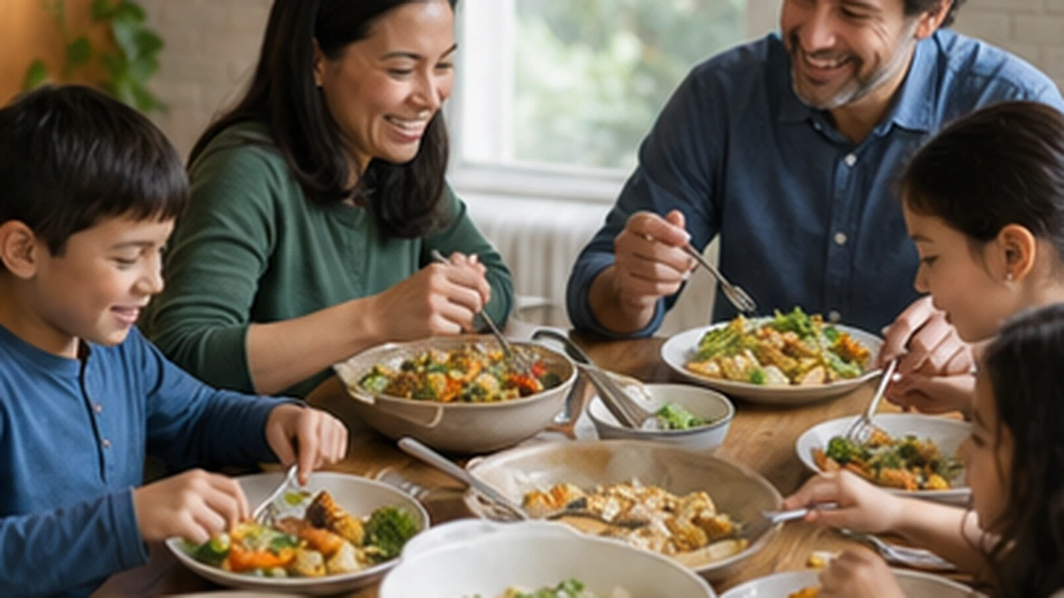 Family sharing a varied homemade lunch at a bright table