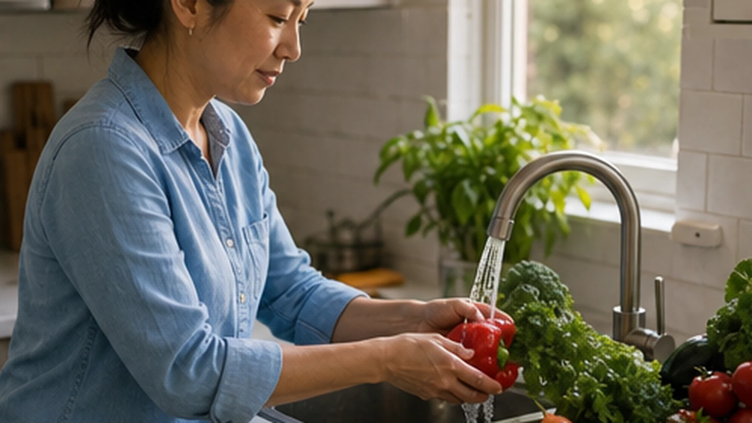 Person washing fresh produce in a quiet home kitchen