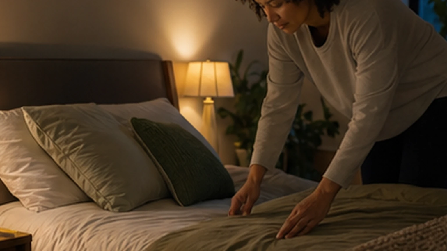 Person preparing a quiet dim bedroom in the evening