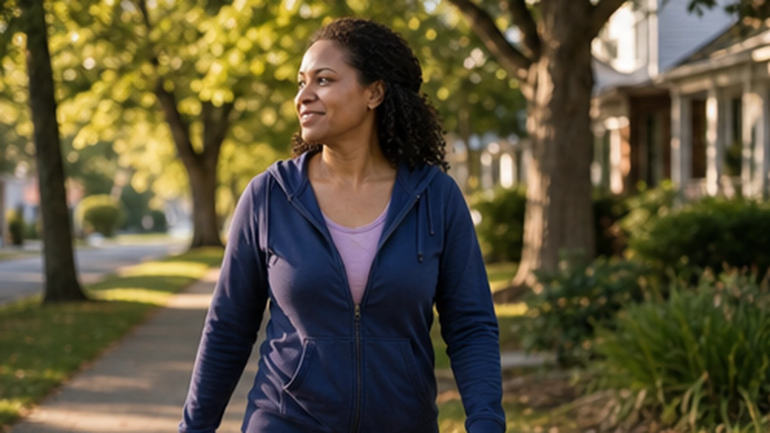 Adult taking a gentle late afternoon walk in a leafy neighborhood