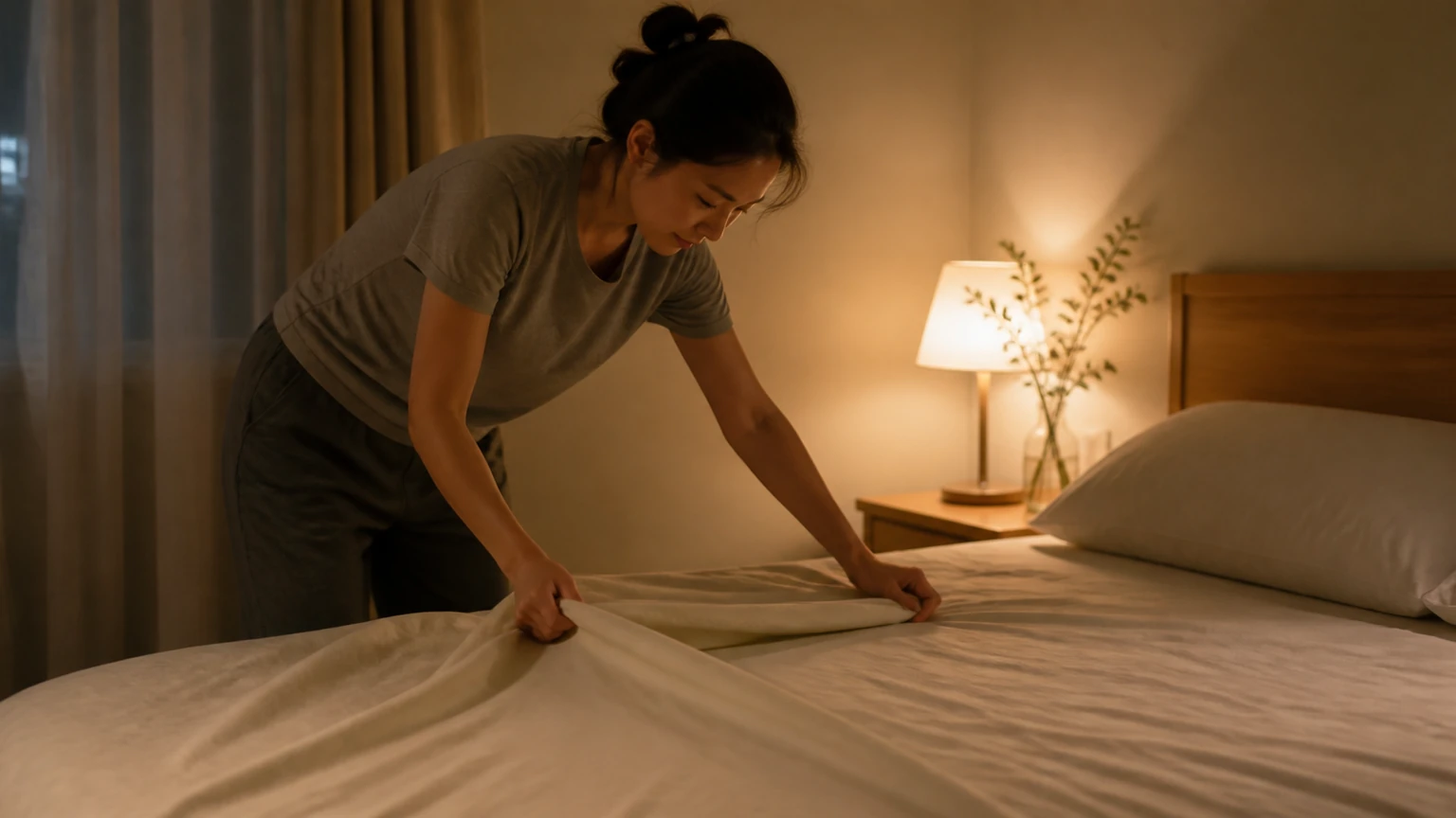 Adult arranging plain bedding in a softly lit bedroom
