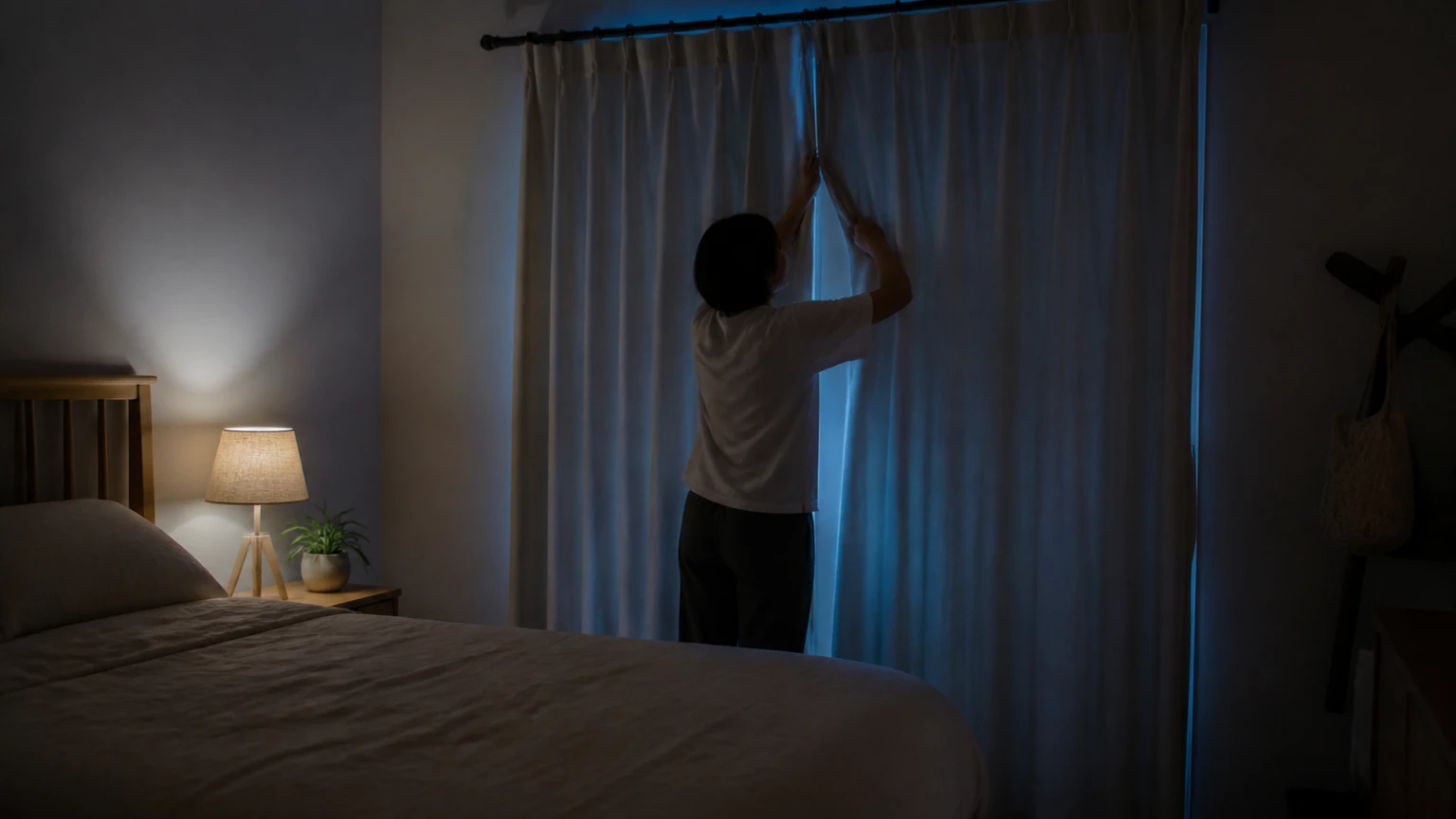 Person closing simple curtains before nighttime rest