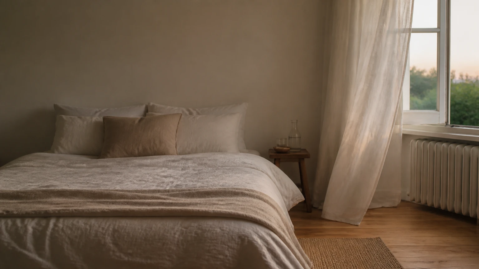 Calm uncluttered bedroom with natural materials and gentle evening light