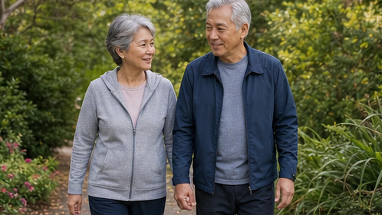 Two older adults walking comfortably along a flat garden path