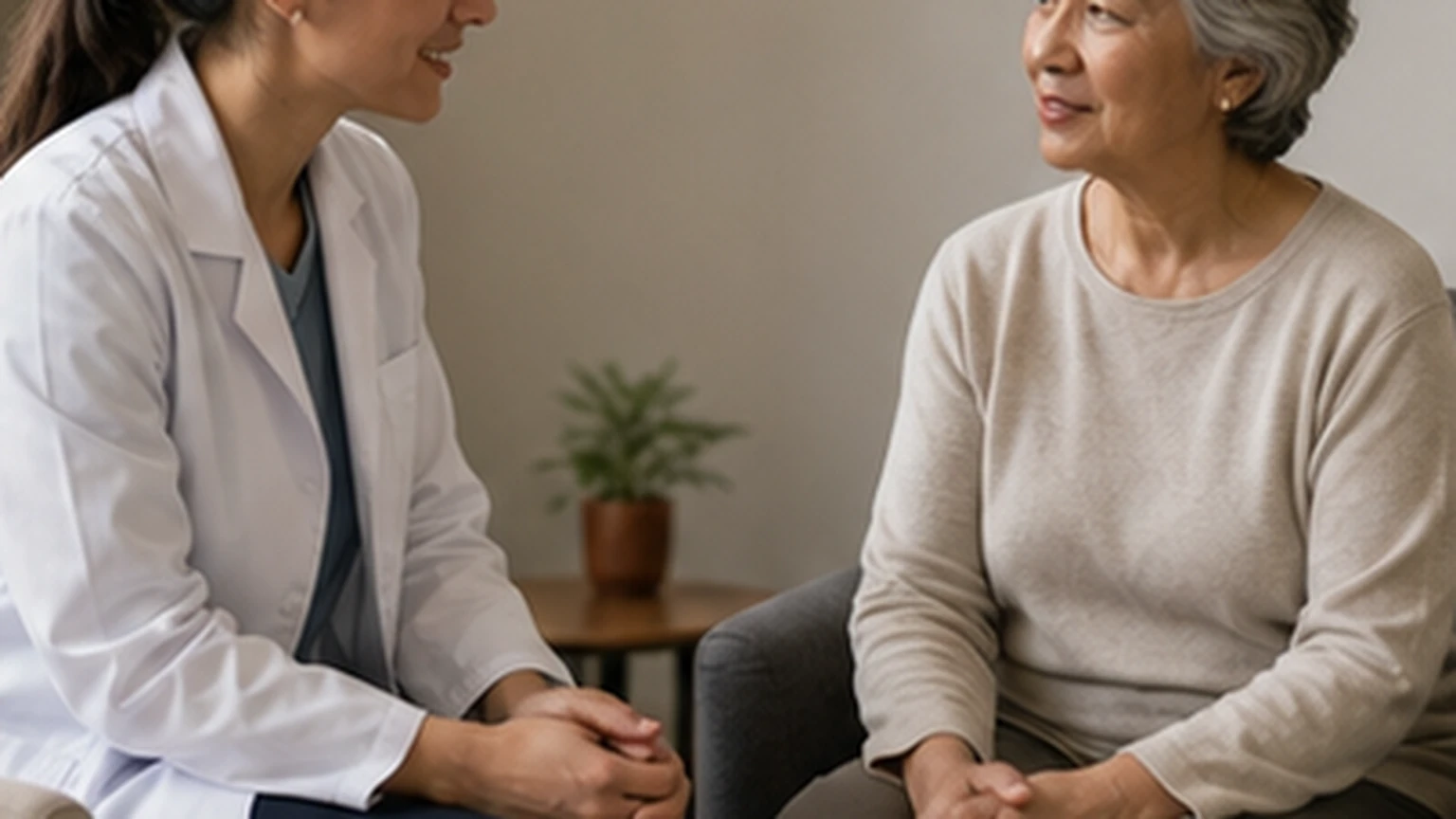 Adult discussing medicine use with a pharmacist in a clean consultation area