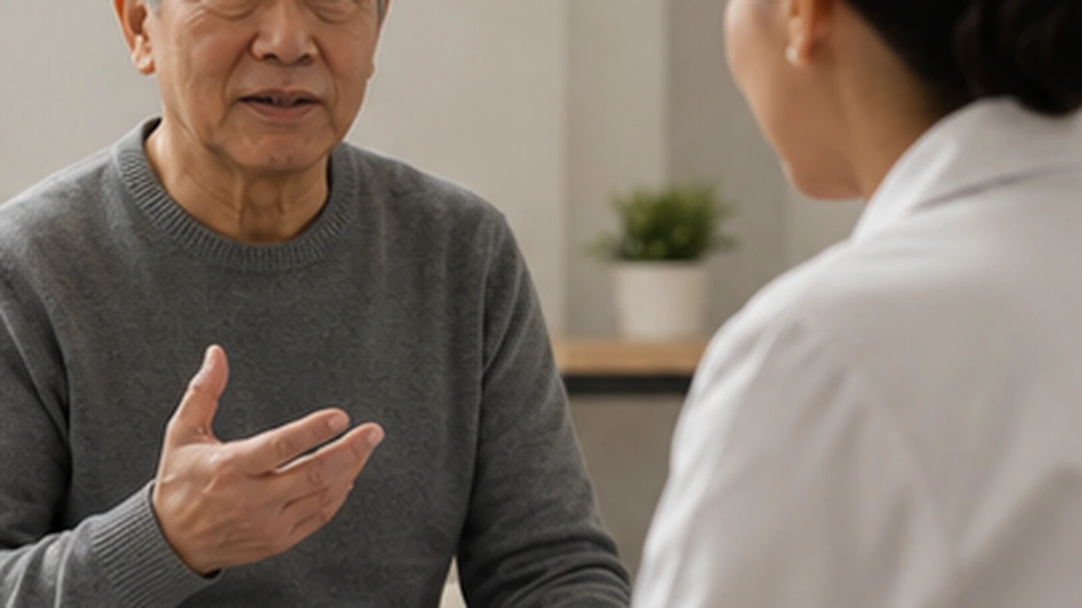 Older adult asking a healthcare professional a careful question
