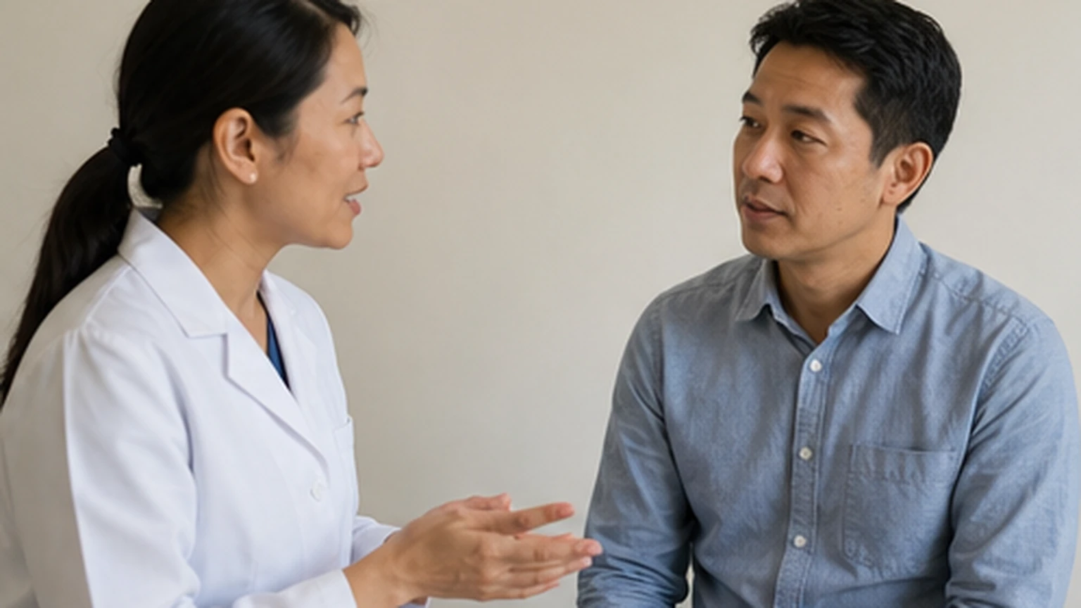 Pharmacist speaking with an adult beside neutral shelves out of focus