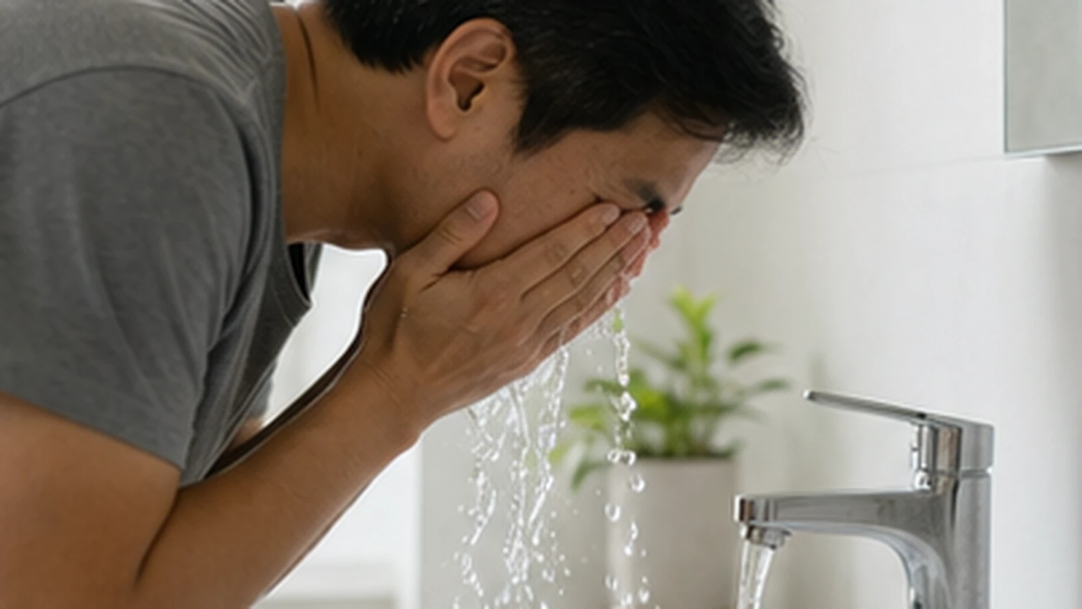 Adult gently rinsing face with clean water in a bright bathroom