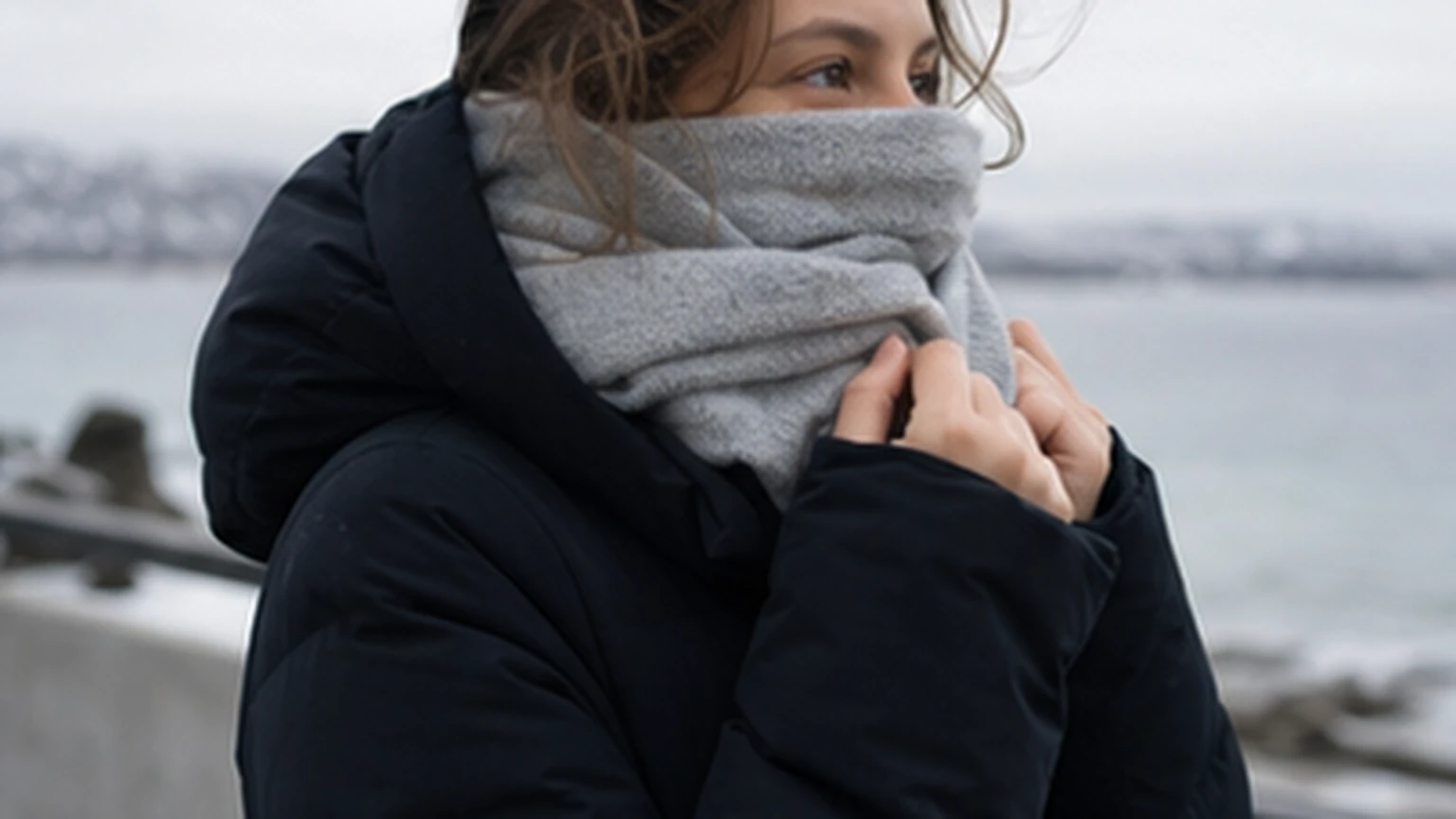 Person protecting face from cold wind with a plain soft scarf