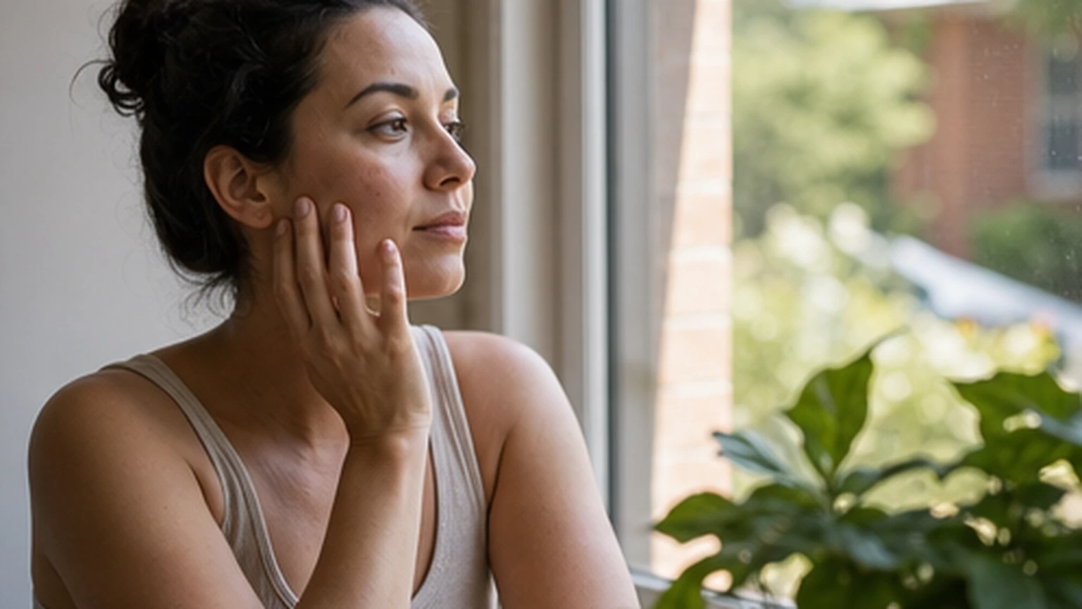 Adult resting near a window while examining comfortable facial skin