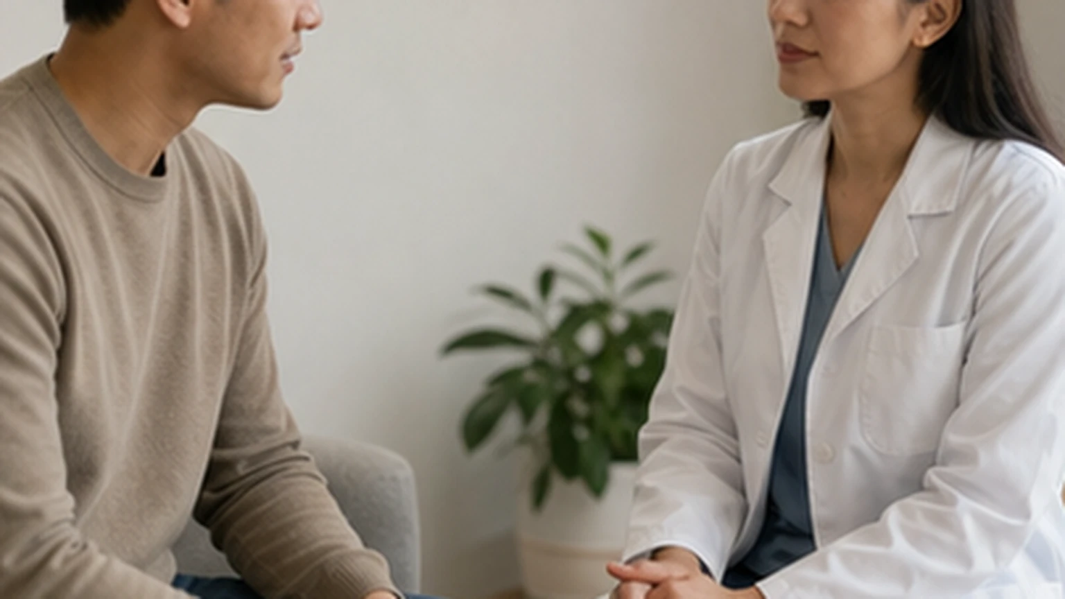 Adult speaking attentively with a doctor in a calm consultation room