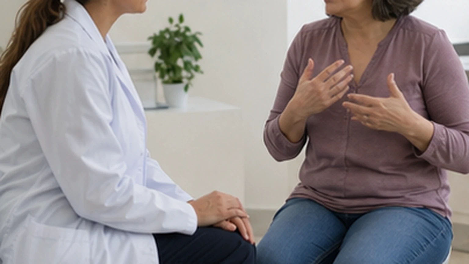Healthcare professional listening while patient describes symptoms
