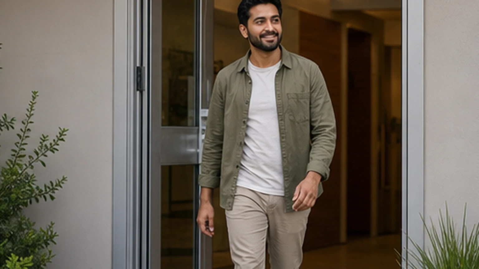 Adult leaving a clinic calmly after a conversation