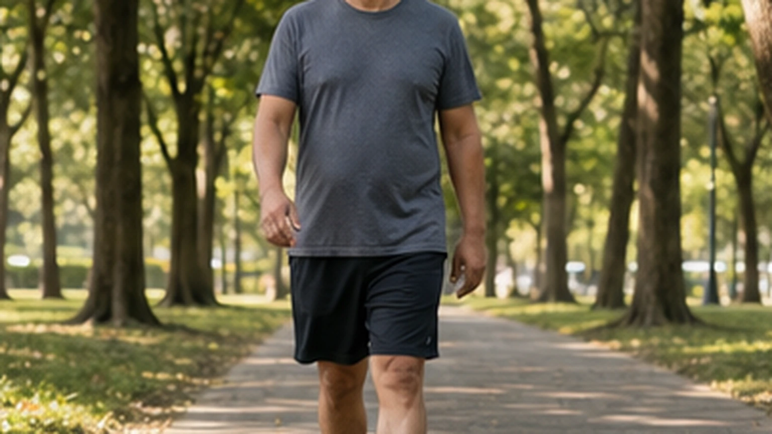 Middle aged adult beginning a gentle walk in a public park