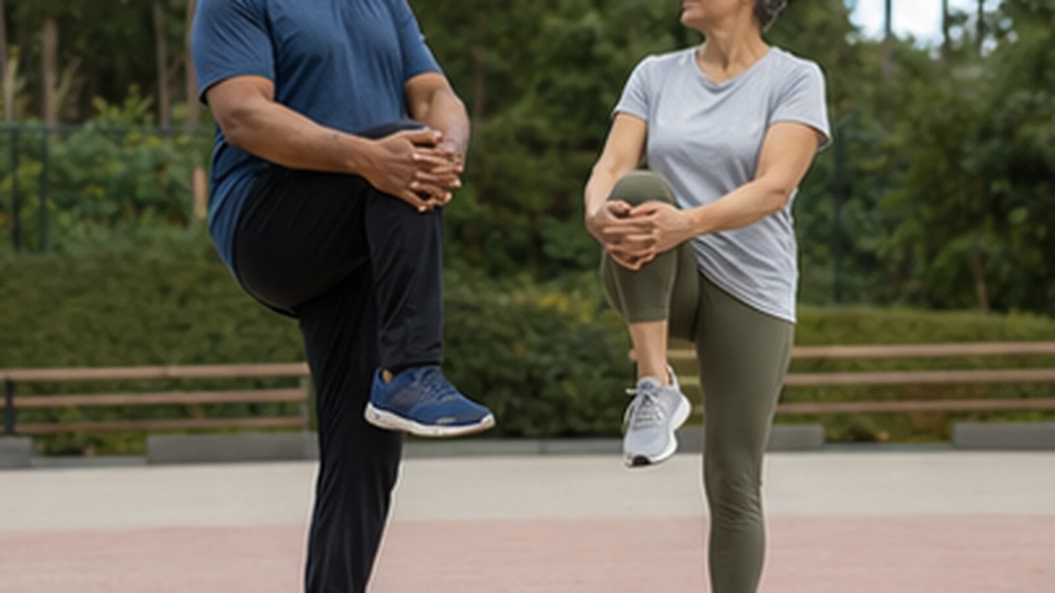 Two adults doing simple mobility movements outdoors